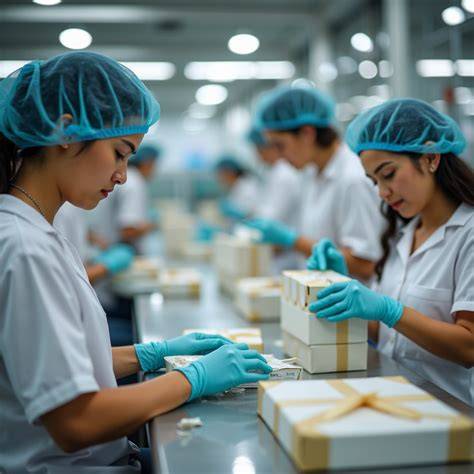 Trabajadores en línea de producción de mascarillas