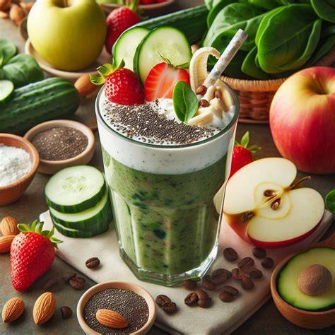 Batido verde con frutas verduras y semillas