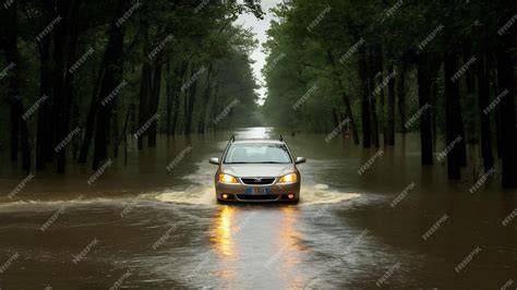 coche atravesando carretera inundada
