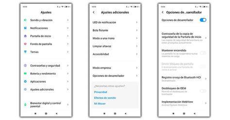 Menú de opciones de desarrollador Xiaomi MIUI
