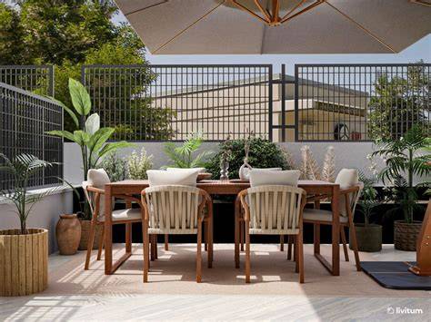 Terraza exterior con alfombra y comedor