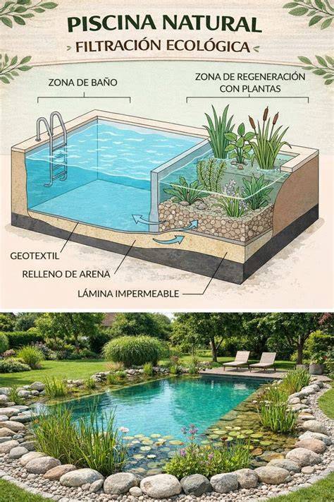Esquema de piscina natural con zona de regeneración
