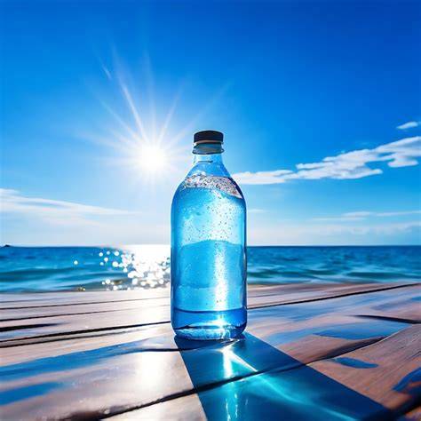 Botella azul con agua bajo el sol