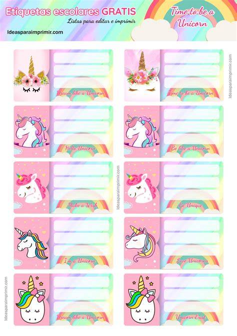 Etiquetas escolares de unicornio para cuadernos