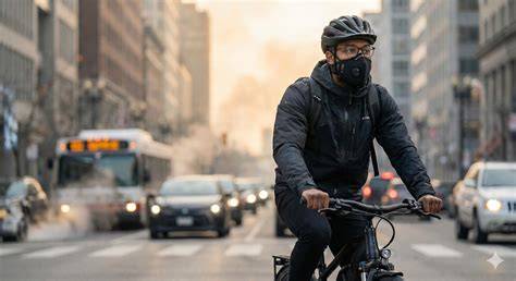 ciclista urbano con mascarilla anticontaminación