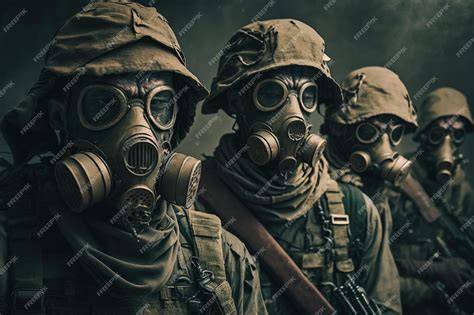 Soldados británicos con máscaras antigás