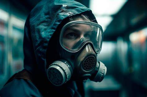 Persona con máscara de gas en baño oscuro