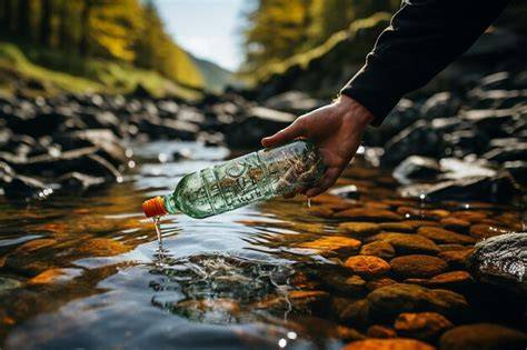 Personaje llenando botella en río
