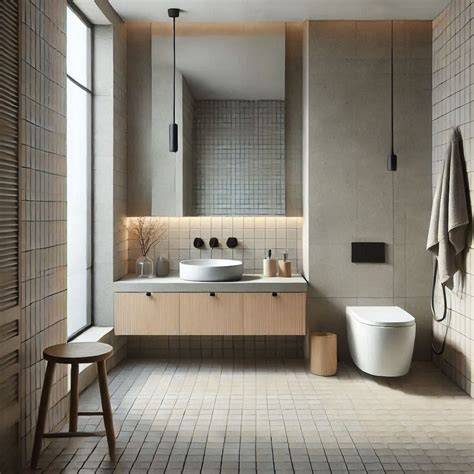 Baño minimalista cálido con materiales naturales