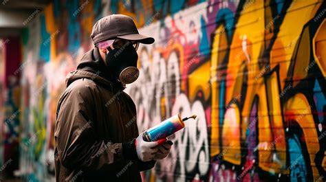 Graffiti con artista usando máscara respiratoria