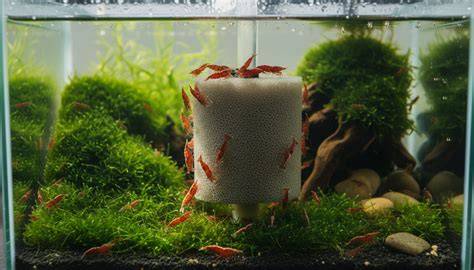Gambas y crías sobre filtro esponja