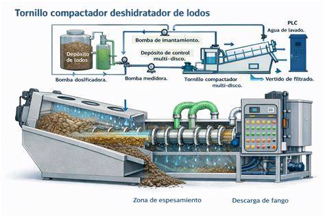 Funcionamiento de tornillo deshidratador de fangos