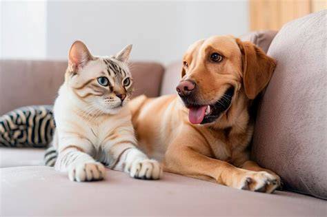 Perro y gato descansando en casa fresca