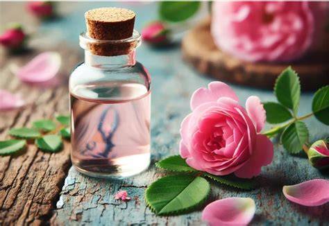 agua de rosas y pétalos de rosa