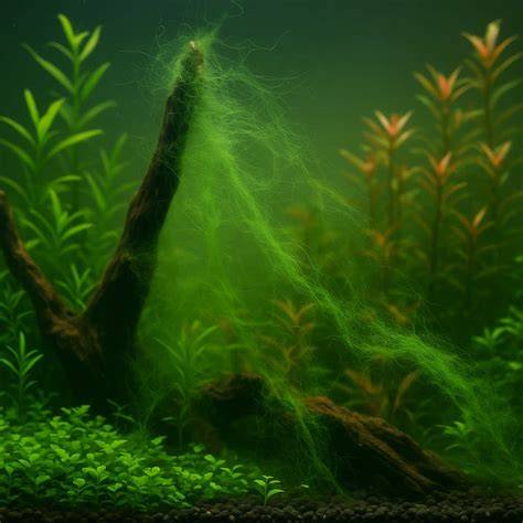 acuario plantado con algas filamentosas